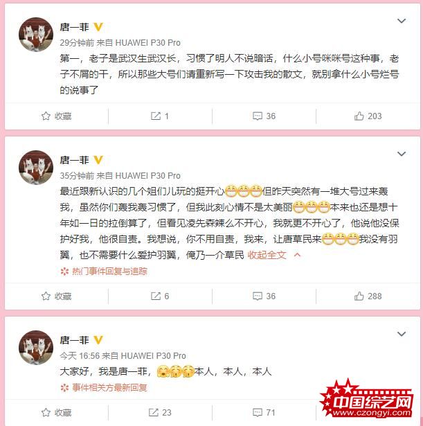 唐一菲否认当小三 发文暗讽姚晨出轨孙红雷果静林